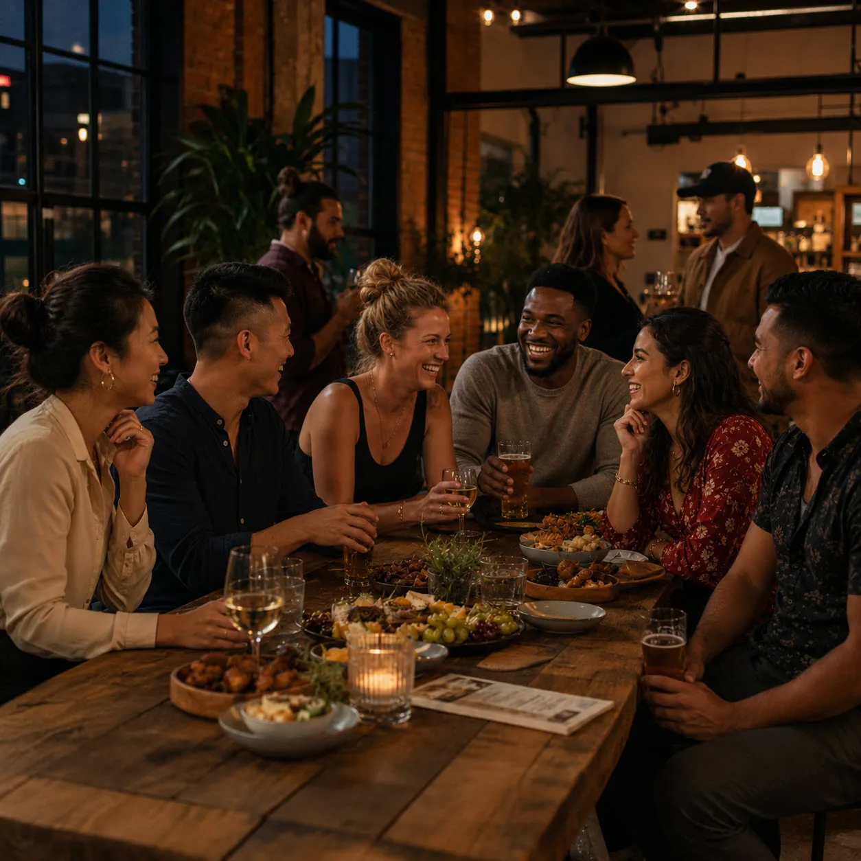The same group back together months later, sharing dinner around a long table