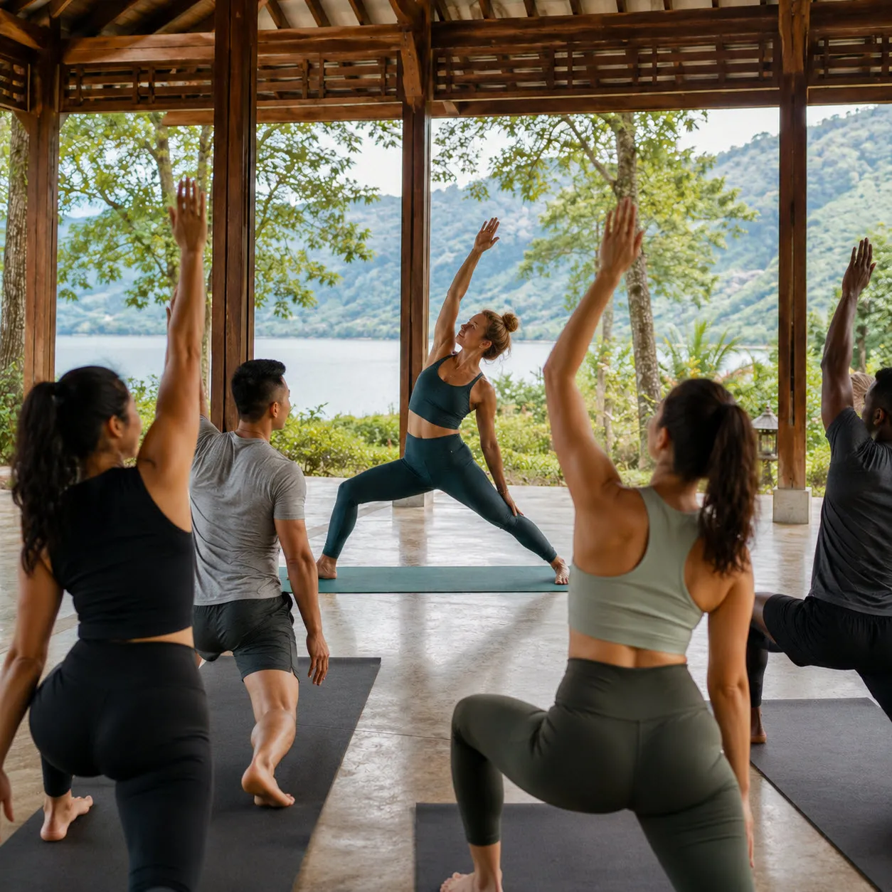 Members of the same group in a lakeside yoga class, still showing up for each other